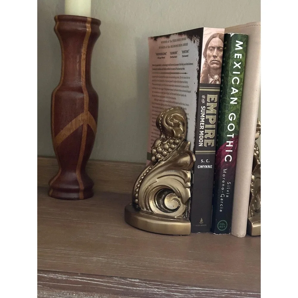 Vintage PM Craftsman Gold Scroll Bookends - Ornate Decorative Book Holders